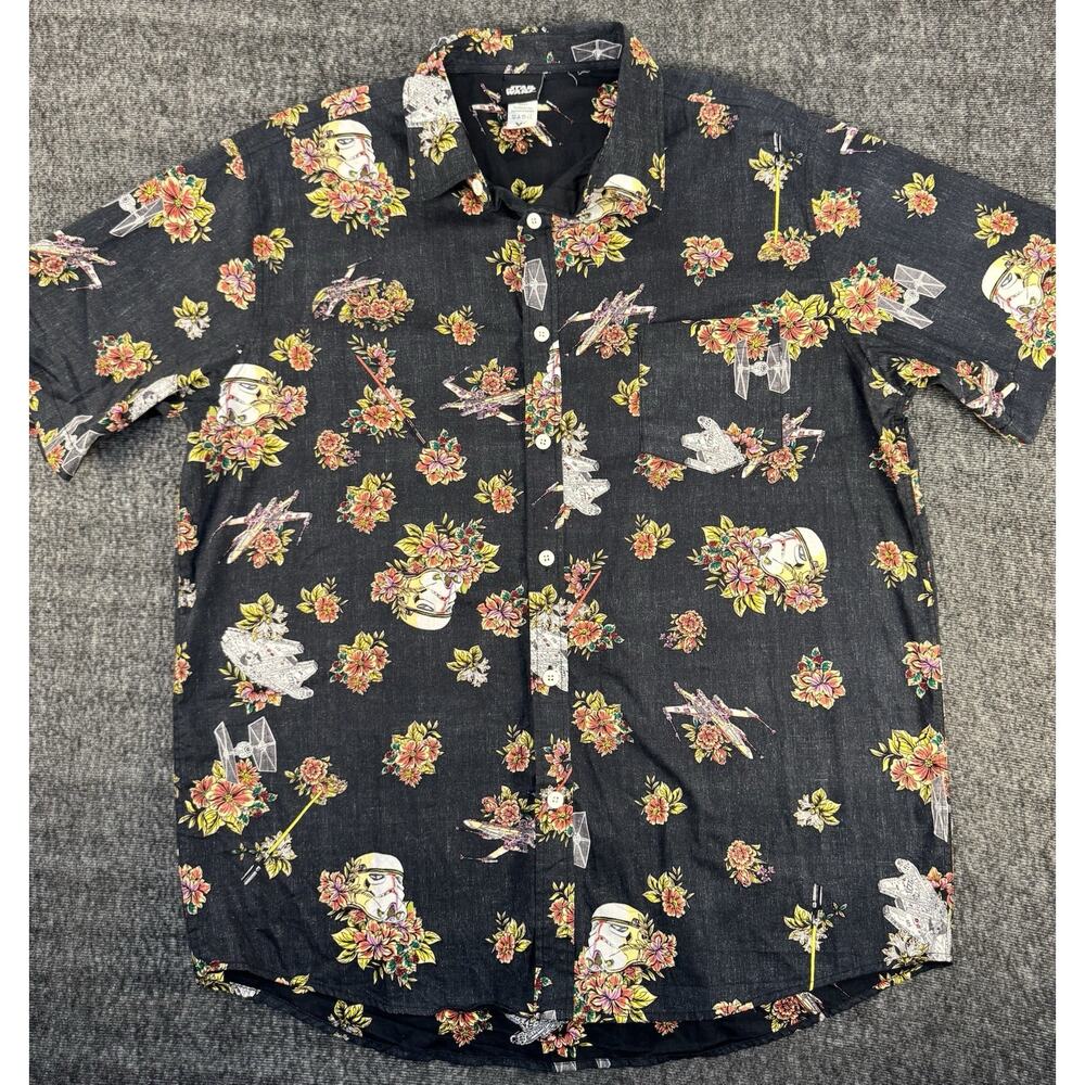 Mens Star Wars Floral Print Black Button Up Short Sleeve Shirt XL